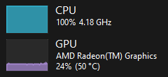 최대 CPU 사용량 및 낮은 GPU 사용량에 대한 활용 스크린샷